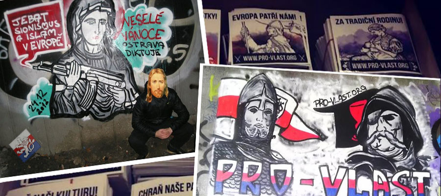 Staníkovo graffiti: vlevo pravoslavný antisemitismus, vpravo snaha o zneužití Jana Žižky v nacionalistické propagandě.