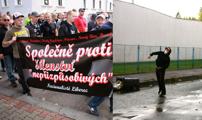 Zpěvák Saubande David Luprich jako účastník protiromských demonstrací v roce 2011. Napravo je zachycen při střetech s policií, když se dav pokusil napadnout romskou ubytovnu ve Varnsdorfu.