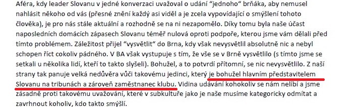 Vyhlásenie chuligánov zo Zbrojovky Brno ku konfliktu s USP