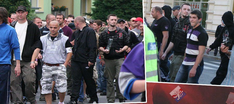 Svoboda a DSSS. Vpravo Svoboda na pokusu o protiromský pogrom ve Varnsdorfu, vlevo na demonstraci DSSS v Novém Boru.