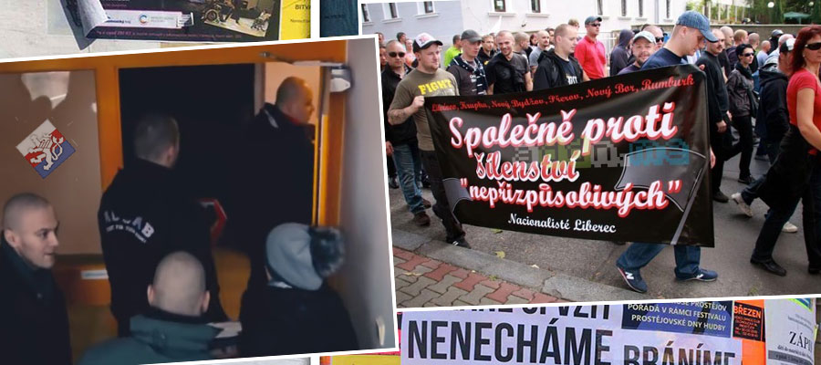 Miroslav Bock - vlevo na Pro-Vlast videu, vpravo za transparentem AN Liberec na demonstraci DSSS ve Varnsdorfu.