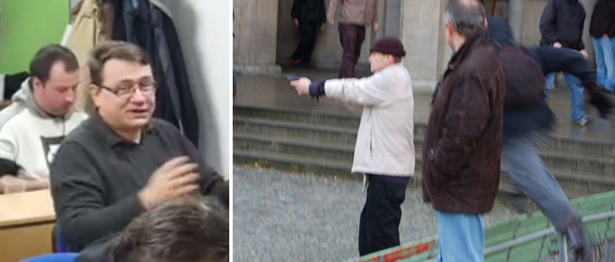 Vlevo: Petr Kalinovský na Setkání s Generací identity v lednu 2019. Vpravo: Petr Kalinovský střílí do lidí demonstrujících proti pochodu neonacistů pražským Židovským městem na výročí Křišťálové noci v roce 2007. U soudu se pak obhajoval slovy, že mu antifa stahovala čepici.