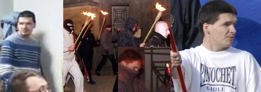 Martin Kadlečík. Vlevo na letošní přednášce Generace identity, uprostřed na neonacistickém pochodňovém pochodu Židovským městem v roce 2003, vpravo v mikině oslavující chilského ultrapravicového diktátora Pinocheta na demonstraci Vlastenecké fronty v roce 2007.