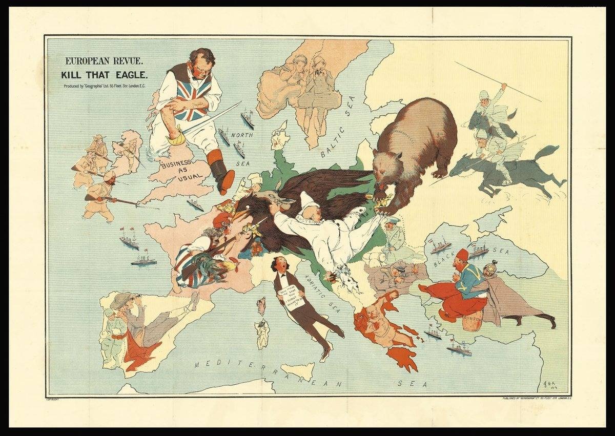 Vecchia mappa satirica dell'Europa della Prima Guerra Mondiale, nella quale gli stati sono rappresentati come animali o persone. Il titolo è "Kill that eagle", riferito agli imperi centrali (Germania e Austria-Ungheria).