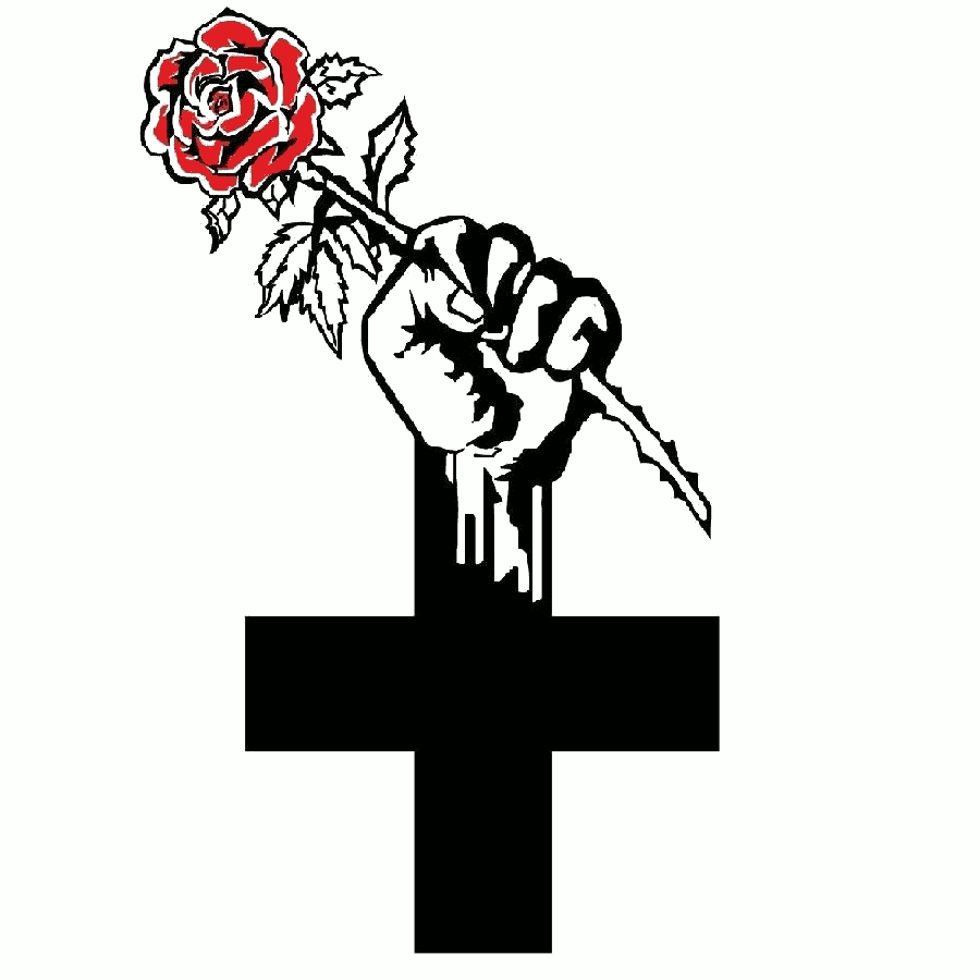 Una croce nera dalla quale sorge un pugno che stringe una rosa.